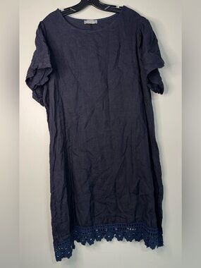 Bellambia Linen Navy Crochet-Hem Short Sleeve Mini Dress